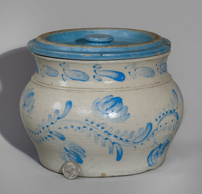 Extremely Rare Western PA Bristol-Glazed Stoneware Lidded Sugar Bowl w/ Profuse Cobalt Floral Decoration