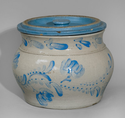 Extremely Rare Western PA Bristol-Glazed Stoneware Lidded Sugar Bowl w/ Profuse Cobalt Floral Decoration