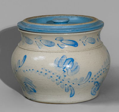 Extremely Rare Western PA Bristol-Glazed Stoneware Lidded Sugar Bowl w/ Profuse Cobalt Floral Decoration
