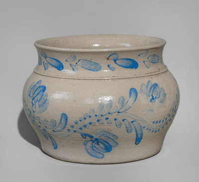 Extremely Rare Western PA Bristol-Glazed Stoneware Lidded Sugar Bowl w/ Profuse Cobalt Floral Decoration