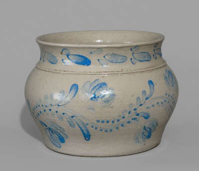 Extremely Rare Western PA Bristol-Glazed Stoneware Lidded Sugar Bowl w/ Profuse Cobalt Floral Decoration