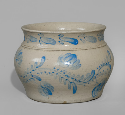 Extremely Rare Western PA Bristol-Glazed Stoneware Lidded Sugar Bowl w/ Profuse Cobalt Floral Decoration
