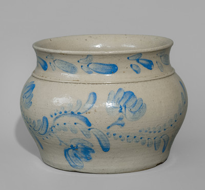 Extremely Rare Western PA Bristol-Glazed Stoneware Lidded Sugar Bowl w/ Profuse Cobalt Floral Decoration