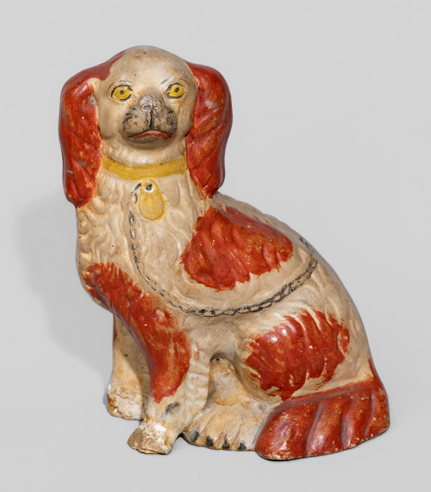 Extremely Rare Cold-Painted Redware Spaniel Bank attrib. S. Bell & Son, Strasburg, VA