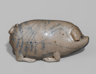 Salt-Glazed Stoneware "Railroad and River Guide" Pig Flask, Signed "By Anna Pottery"