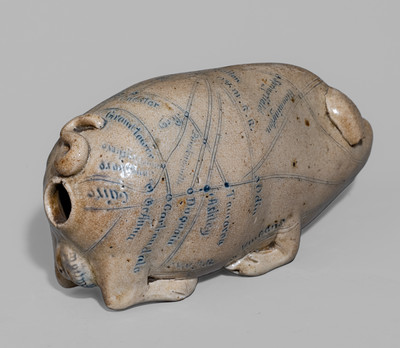 Salt-Glazed Stoneware "Railroad and River Guide" Pig Flask, Signed "By Anna Pottery"