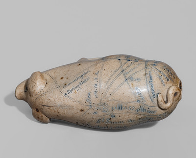 Salt-Glazed Stoneware "Railroad and River Guide" Pig Flask, Signed "By Anna Pottery"
