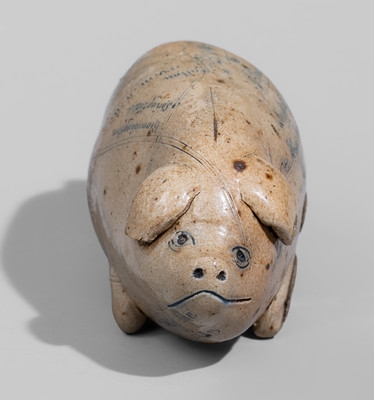 Salt-Glazed Stoneware "Railroad and River Guide" Pig Flask, Signed "By Anna Pottery"