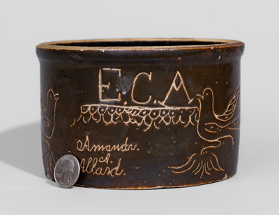 Rare and Fine "Amanda A. Allard" Small-Sized Albany-Slip-Glazed Presentation Crock, probably Columbus, OH