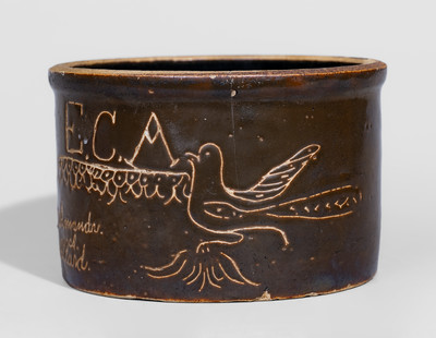 Rare and Fine "Amanda A. Allard" Small-Sized Albany-Slip-Glazed Presentation Crock, probably Columbus, OH