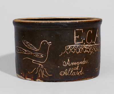 Rare and Fine "Amanda A. Allard" Small-Sized Albany-Slip-Glazed Presentation Crock, probably Columbus, OH