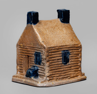Rare Cobalt-Decorated Stoneware Log Cabin Bank, attrib. Thomas Haig, Jr., Philadelphia, PA, c1845-55