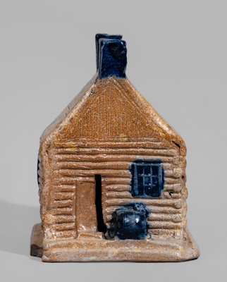 Rare Cobalt-Decorated Stoneware Log Cabin Bank, attrib. Thomas Haig, Jr., Philadelphia, PA, c1845-55