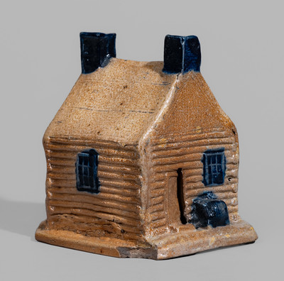 Rare Cobalt-Decorated Stoneware Log Cabin Bank, attrib. Thomas Haig, Jr., Philadelphia, PA, c1845-55