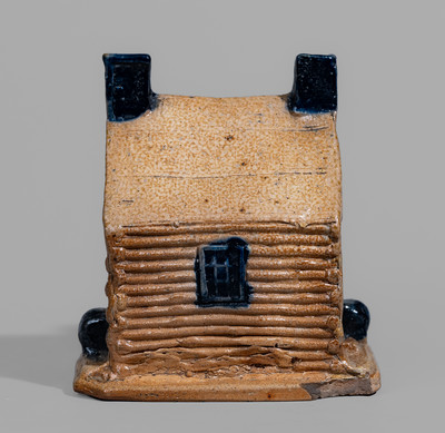 Rare Cobalt-Decorated Stoneware Log Cabin Bank, attrib. Thomas Haig, Jr., Philadelphia, PA, c1845-55