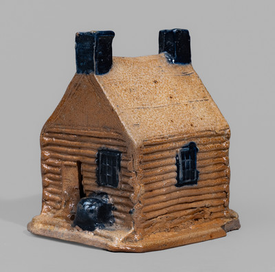 Rare Cobalt-Decorated Stoneware Log Cabin Bank, attrib. Thomas Haig, Jr., Philadelphia, PA, c1845-55