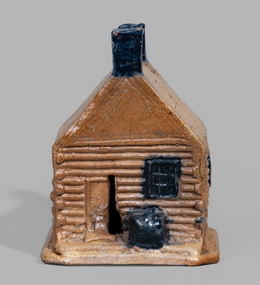 Rare Cobalt-Decorated Stoneware Log Cabin Bank, attrib. Thomas Haig, Jr., Philadelphia, PA, c1845-55