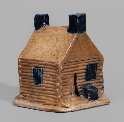 Rare Cobalt-Decorated Stoneware Log Cabin Bank, attrib. Thomas Haig, Jr., Philadelphia, PA, c1845-55