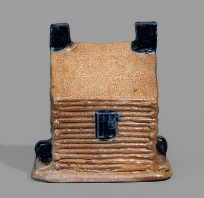 Rare Cobalt-Decorated Stoneware Log Cabin Bank, attrib. Thomas Haig, Jr., Philadelphia, PA, c1845-55
