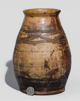 Unusual New England Redware Jar w/ Elaborate Combed Decoration, likely 18th century