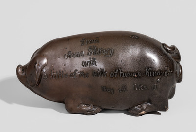 Extremely Rare Anna Pottery Stoneware Pig Flask w/ Incised Inscription, Signed