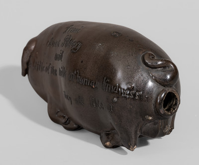 Extremely Rare Anna Pottery Stoneware Pig Flask w/ Incised Inscription, Signed "from / Anna Pottery"