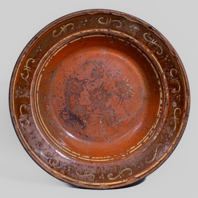 Glazed Redware Bowl w/ Elaborate Slip Decoration, probably Pennsylvania, 19th century