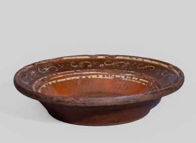 Glazed Redware Bowl w/ Elaborate Slip Decoration, probably Pennsylvania, 19th century