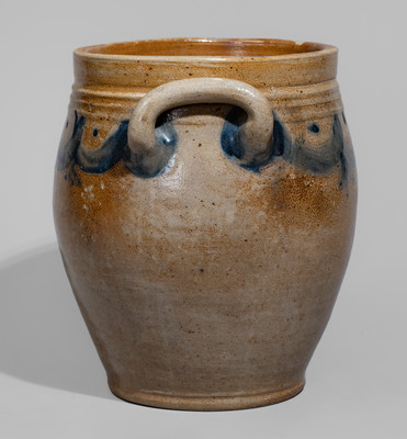 Open-Handled Stoneware Jar w/ Drape-and-Tassel Motif, probably Clarkson Crolius, Sr., New York City
