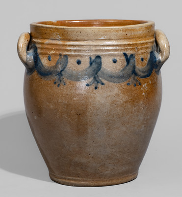 Open-Handled Stoneware Jar w/ Drape-and-Tassel Motif, probably Clarkson Crolius, Sr., New York City