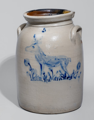 Unusual Three-Gallon New York State Stoneware Deer Crock, c1875