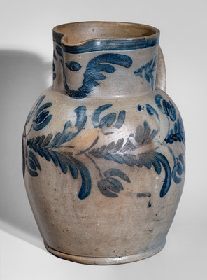 Fine attrib. David Parr, Sr., Baltimore, MD Stoneware Pitcher w/ Elaborate Cobalt Floral Decoration