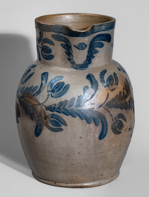 Fine attrib. David Parr, Sr., Baltimore, MD Stoneware Pitcher w/ Elaborate Cobalt Floral Decoration