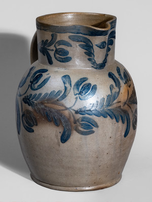 Fine attrib. David Parr, Sr., Baltimore, MD Stoneware Pitcher w/ Elaborate Cobalt Floral Decoration