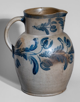 Fine attrib. David Parr, Sr., Baltimore, MD Stoneware Pitcher w/ Elaborate Cobalt Floral Decoration