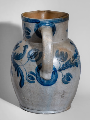 Fine attrib. David Parr, Sr., Baltimore, MD Stoneware Pitcher w/ Elaborate Cobalt Floral Decoration