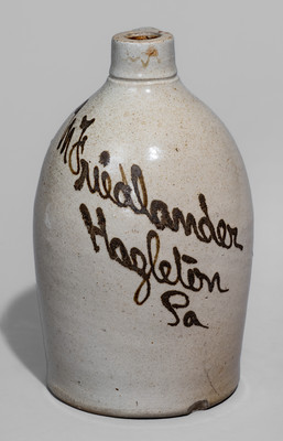 Unusual Half-Gallon Albany-Slip-Decorated Hazleton, PA Advertising Jug, attrib. James Ryan, Pittston, PA