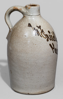 Unusual Half-Gallon Albany-Slip-Decorated Hazleton, PA Advertising Jug, attrib. James Ryan, Pittston, PA