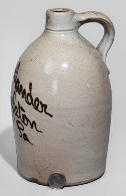 Unusual Half-Gallon Albany-Slip-Decorated Hazleton, PA Advertising Jug, attrib. James Ryan, Pittston, PA