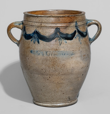 Fine COMMERAWS STONEWARE Vertical-Handled Stoneware Jar, Thomas W. Commeraw, Lower East Side, NYC, c1800