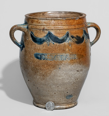 Fine COMMERAW'S / STONEWARE Vertical-Handled Stoneware Jar, New York City, c1800