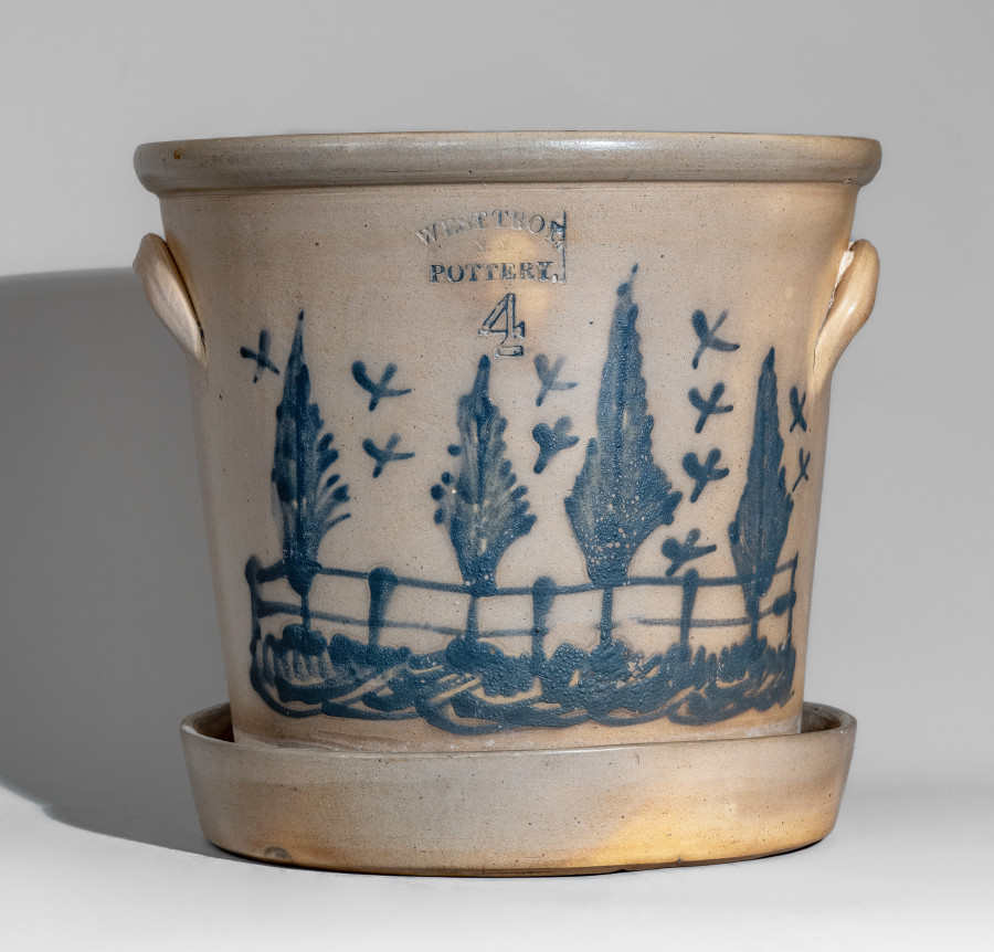 Outstanding 4 Gal. WEST TROY / N.Y./ POTTERY Stoneware Flowerpot with Elaborate Tree and Birds Decoration