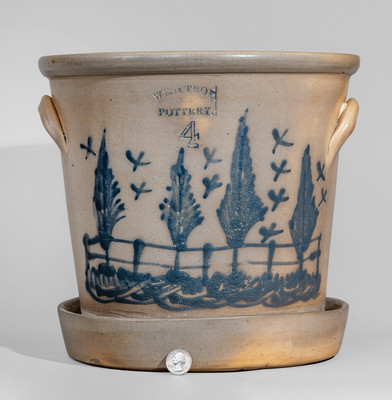 Outstanding Four-Gallon WEST TROY, N.Y. POTTERY Flowerpot w/ Elaborate Bird, Tree, and Fence Scene