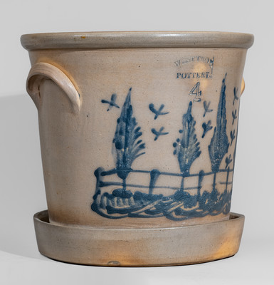 Outstanding Four-Gallon WEST TROY, N.Y. POTTERY Flowerpot w/ Elaborate Bird, Tree, and Fence Scene