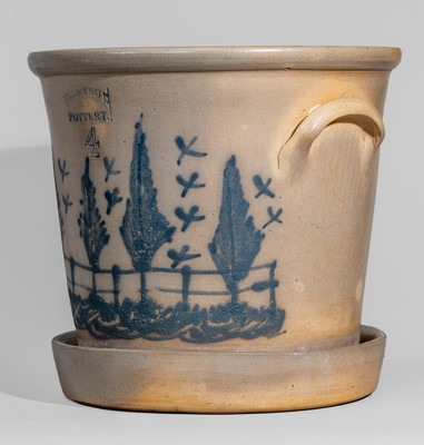 Outstanding Four-Gallon WEST TROY, N.Y. POTTERY Flowerpot w/ Elaborate Bird, Tree, and Fence Scene