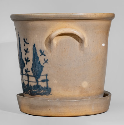 Outstanding Four-Gallon WEST TROY, N.Y. POTTERY Flowerpot w/ Elaborate Bird, Tree, and Fence Scene