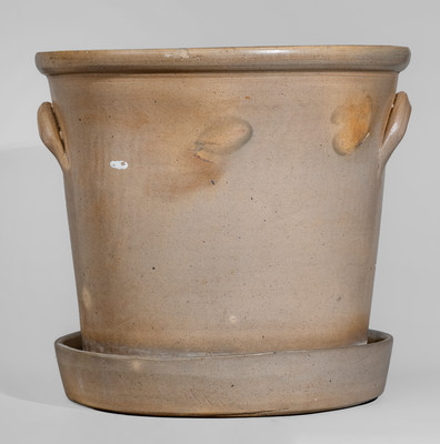 Outstanding Four-Gallon WEST TROY, N.Y. POTTERY Flowerpot w/ Elaborate Bird, Tree, and Fence Scene