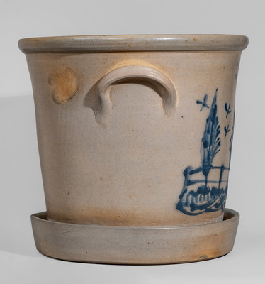 Outstanding Four-Gallon WEST TROY, N.Y. POTTERY Flowerpot w/ Elaborate Bird, Tree, and Fence Scene