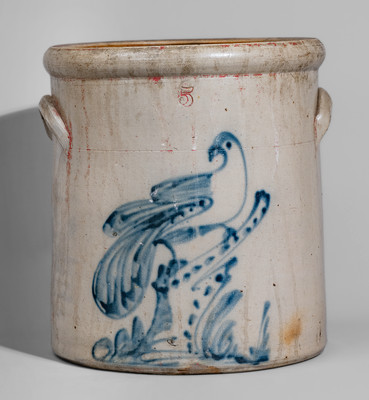 Five-Gallon attrib. Brady & Ryan, Ellenville, NY Stoneware Crock w/ Bird on Stump Decoration