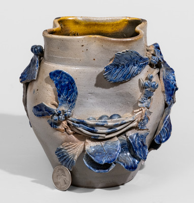 Extremely Rare Cobalt-Decorated Stoneware Vase w/ Applied Bird's Nest and Foliate Designs